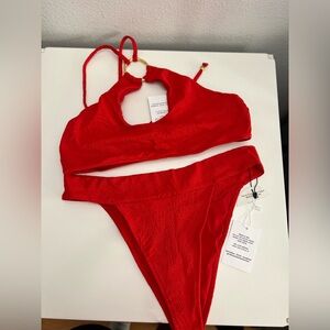 JMP The Label‎ Red Textured Jacquard Halter Keyhole Bikini Set XL New